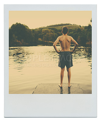 Buy stock photo Lake, nature and back of boy on vacation, adventure or holiday on summer camp for swimming. Water, polaroid and behind of teenager standing on pier by river or pond on outdoor weekend trip in Canada.