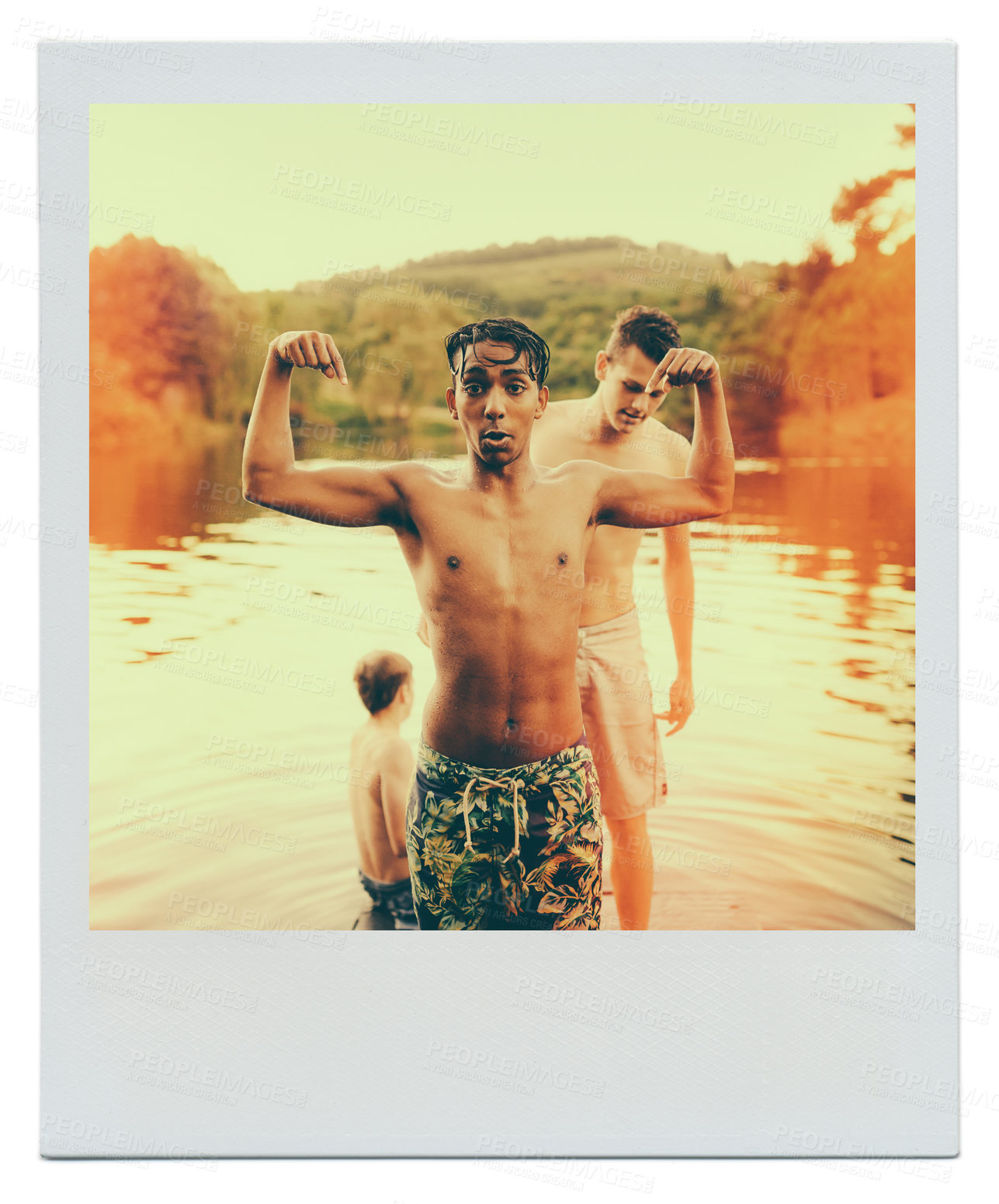 Buy stock photo Lake, flex and boy with friends in nature for summer adventure, holiday or vacation in countryside. Lake, polaroid and portrait of people with goofy or silly personality in forest on weekend trip.