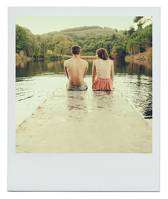 Buy stock photo Polaroid, couple and river for jetty, lake and sky with tree for outdoor, picture or vintage. Landscape, water and tranquil on dock or woods for deserted and serenity for environment in afternoon

