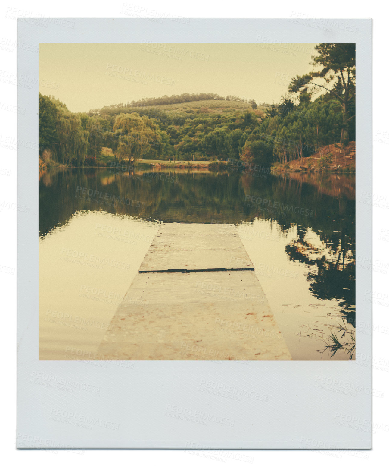 Buy stock photo Polaroid, nature and river for jetty, lake and sky with tree for outdoor, picture or vintage. Landscape, water and tranquil on dock or woods for deserted and serenity for environment in afternoon
