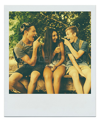 Buy stock photo Teenagers, outdoor and funny with friends, frame and summer with weekend break and silly with reaction. Happiness, park or group with nature or bonding together with smile, goofy or cheerful with joy