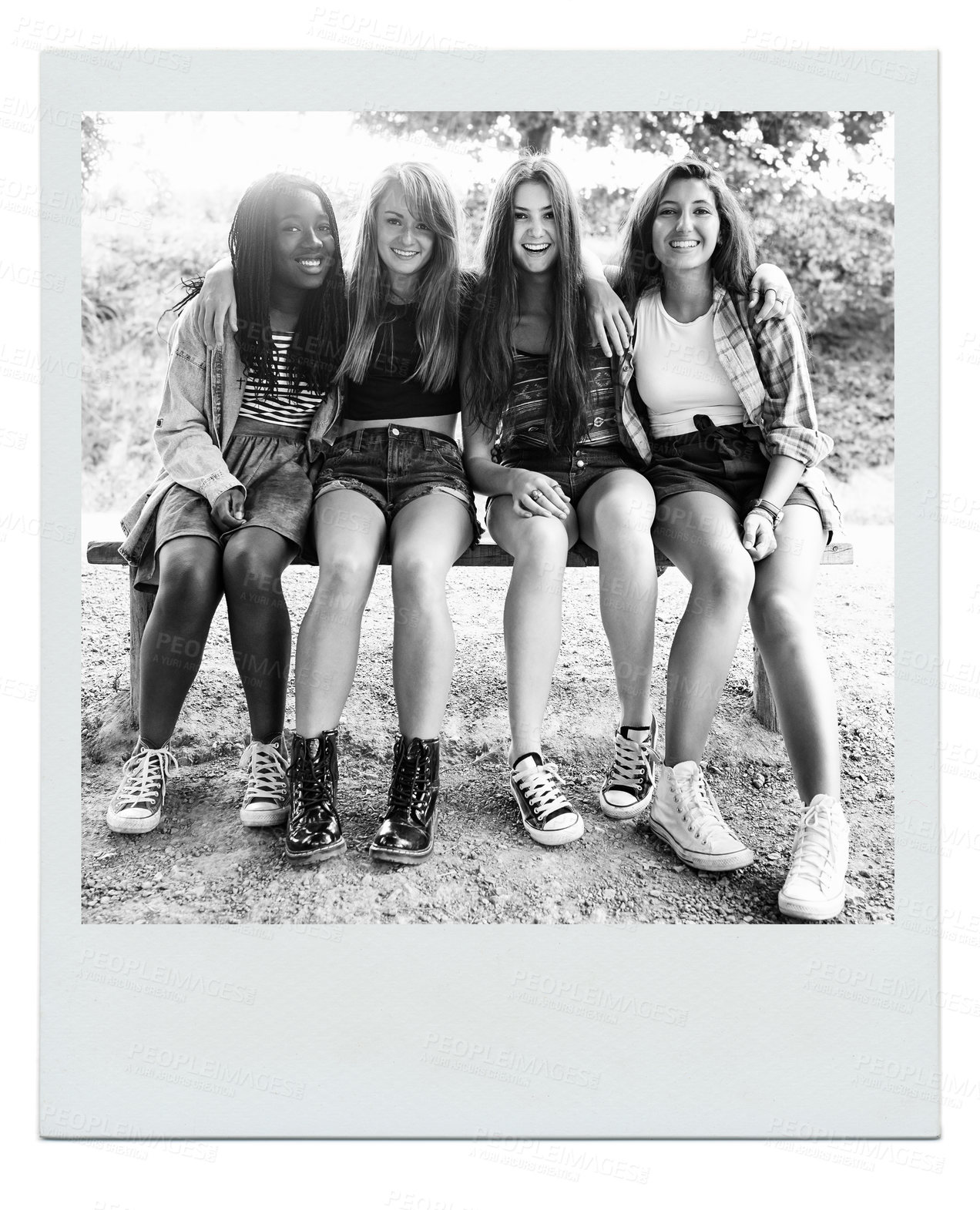 Buy stock photo Women, friends and happy portrait on bench as polaroid picture for bonding connection, summer or together. Female people, face and outdoor in environment for relaxing holiday, vacation or weekend