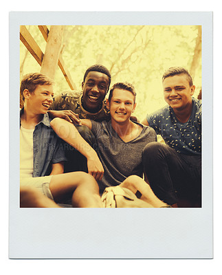 Buy stock photo People, picture and college for happy diverse group, photograph and polaroid of friends together on summer break. Social, memories and casual teenagers in nature for adventure, laughing and chilling 