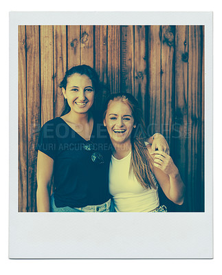 Buy stock photo Women, friends and portrait with smile in environment for relaxing holiday in countryside, together or embrace. Female people, face and happiness in Australia as polaroid picture, memory or nature