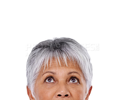 Buy stock photo Senior woman, looking up and thinking on question or isolated, curious and face and studio white background. Elderly lady, dreaming of future or wondering, idea and thoughtful expression closeup