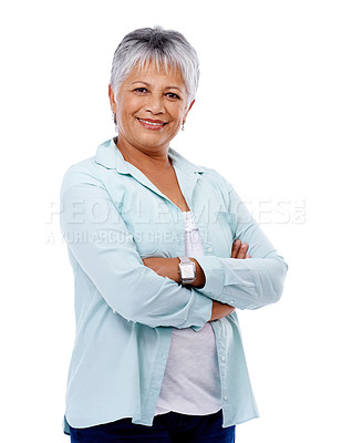 Buy stock photo Crossed arms, portrait and senior woman in studio with confident, good and positive attitude. Smile, pride and happy elderly female person from Mexico in retirement isolated by white background.