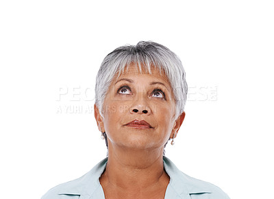Buy stock photo Isolated, senior woman and thinking on question or looking up, mental health and studio white background. Elderly lady face, dreaming and concerned for future, retirement or idea, curious and mockup