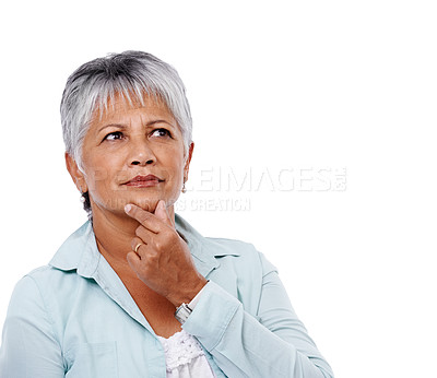 Buy stock photo Studio shot of a pensive-looking mature woman isolated on white