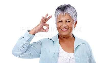 Buy stock photo Portrait, senior woman and ok sign with agreement, smile and model isolated on white studio background. Face, mature person and pensioner with hand gesture and symbol for perfect, support or feedback