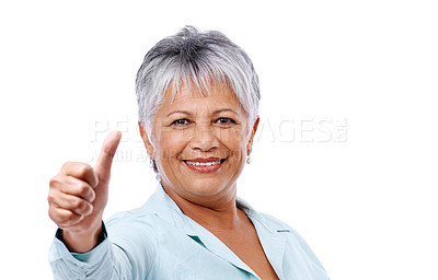 Buy stock photo Portrait, senior woman and thumbs up for feedback, support and model isolated on white studio background. Face, mature person and pensioner with hand gesture and review with agreement, emoji and like