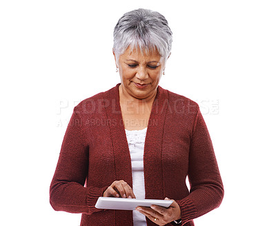 Buy stock photo Senior woman, tablet and technology for contact, communication and internet isolated on white background. Elderly female person, mature lady and digital pad for connectivity, social media or email