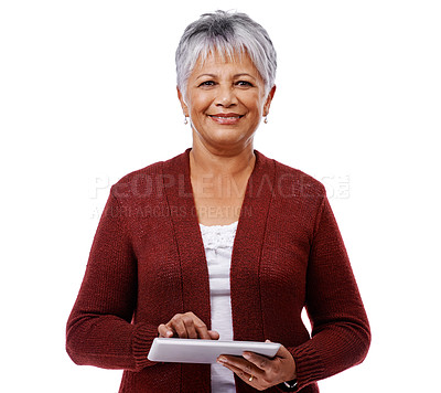 Buy stock photo Senior woman, portrait and tablet for contact, communication or internet isolated on white background. Elderly female person, mature lady or technology for connectivity, social media or web for email