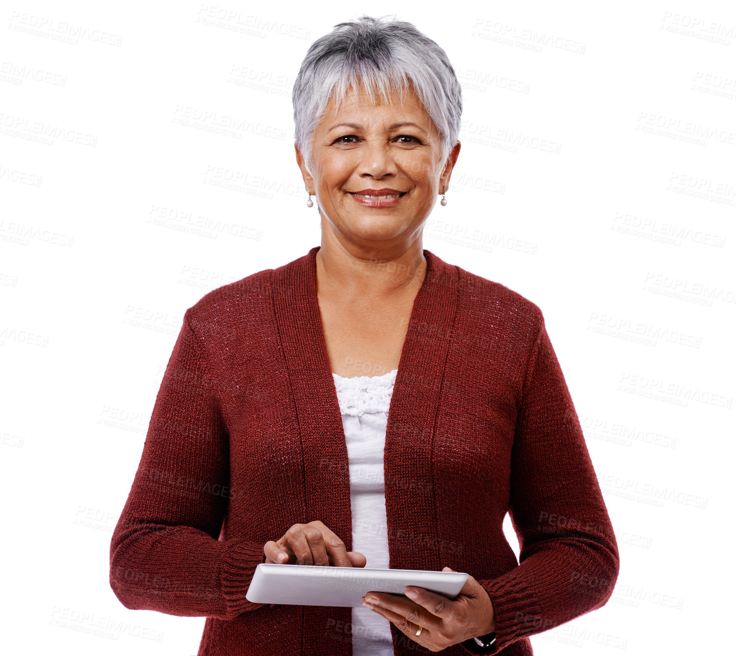 Buy stock photo Senior woman, portrait and tablet for contact, communication or internet isolated on white background. Elderly female person, mature lady or technology for connectivity, social media or web for email