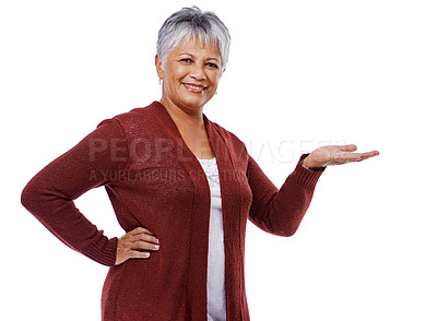 Buy stock photo Senior woman, portrait and hand on mockup space for marketing, presentation and advertising isolated on white background. Elderly female person, mature lady and gesture for show, display or promotion
