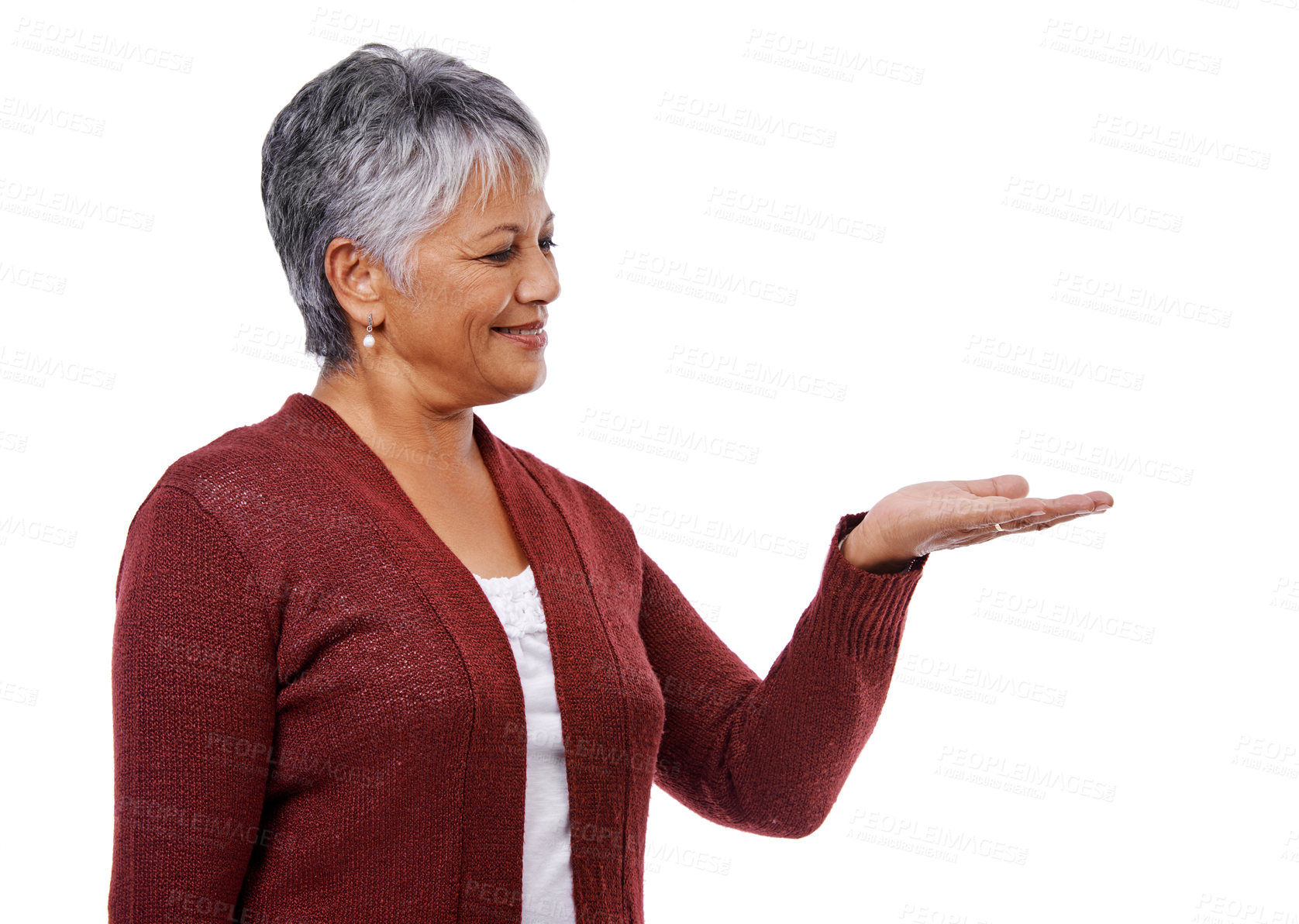 Buy stock photo Senior woman, hand and show on mockup for marketing, presentation and advertising isolated on white background. Elderly female person, mature lady and gesture for announcement, display or promotion 