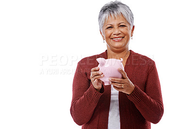 Buy stock photo Old woman, portrait and piggy bank for financial saving or money budget as retirement investment, payment or economy. Female person, face and white background for future coins, studio or mockup space