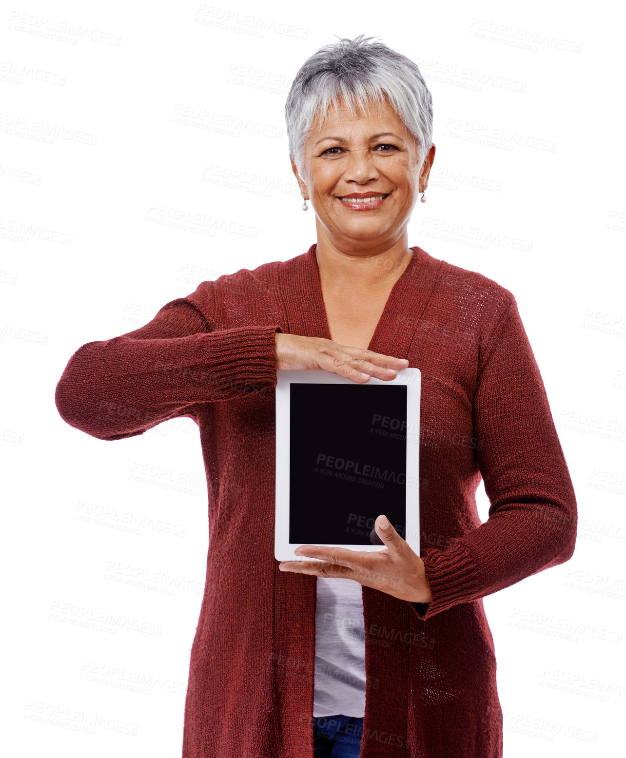 Buy stock photo Portrait, mature woman and tablet with screen, smile and model isolated on a white studio background. Face, pensioner and senior lady with tech, promotion or mockup space with opportunity and showing