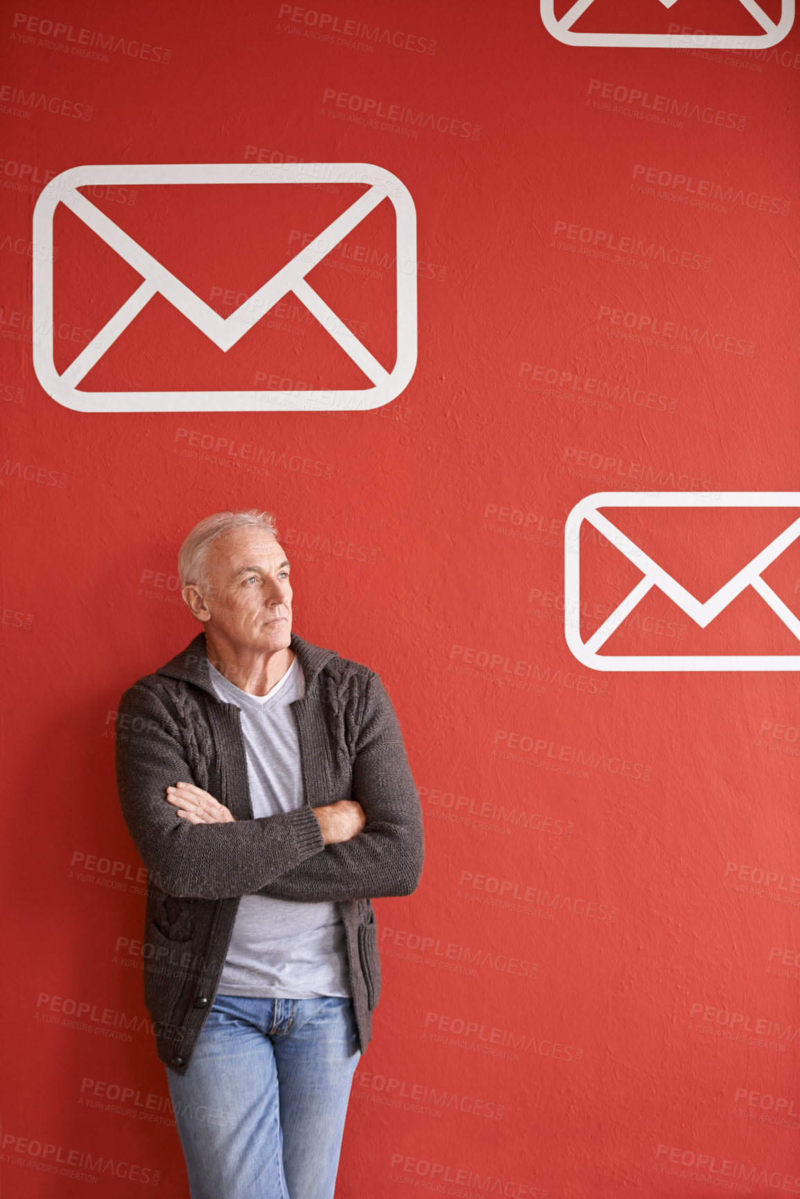Buy stock photo Email icon, thinking and senior man with arms crossed, ideas and employee on red studio background. Mature person, model or entrepreneur with planning and symbol for communication, choice or envelope