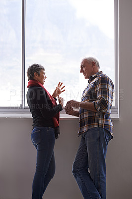 Buy stock photo Shot of a senior couple having a discussion in front of a window