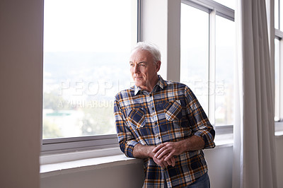 Buy stock photo Thinking, mature man and smile in home window with memory, moment and relaxing. Remember, face and elderly male in living room with nostalgia, reflection and chilling in retirement with happiness