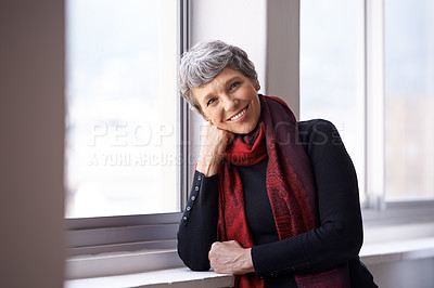 Buy stock photo Portrait, smile and elderly woman in home to relax in apartment by window in Australia. Face, senior and happy person with confidence or pensioner in casual clothes at nursing house for retirement