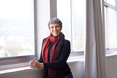 Buy stock photo Portrait, smile and senior woman in home to relax in apartment by window in Australia. Face, elderly and happy person with confidence or pensioner in casual clothes at nursing house for retirement