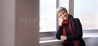 Buy stock photo Portrait, smile and senior woman in house, home or apartment by window for retirement in Australia. Face, elderly and happy person with confidence or pensioner in casual clothes with mockup space