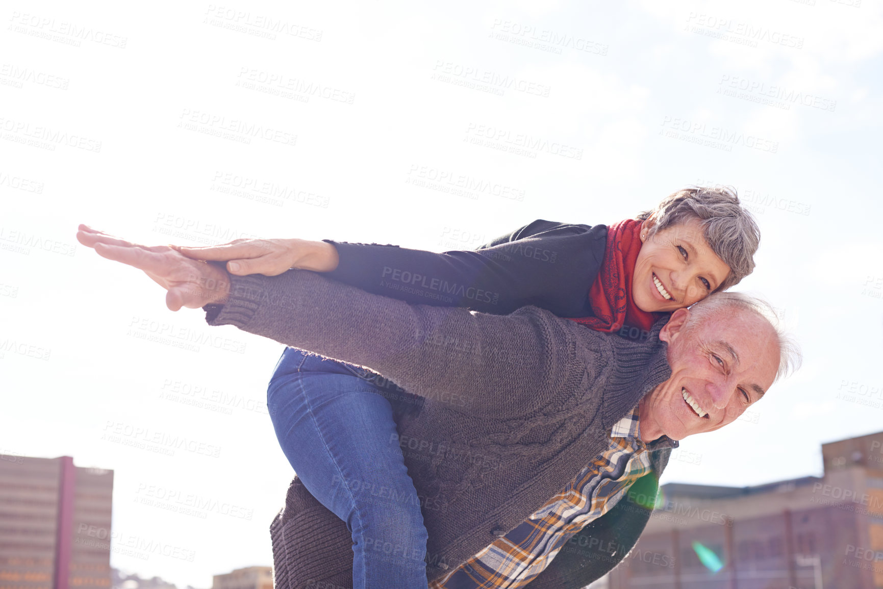 Buy stock photo Portrait, mature couple and piggyback or romantic on vacation, retirement holiday and celebrate with smile. Happy, elderly people and marriage or love for bonding, care and romance in relationship