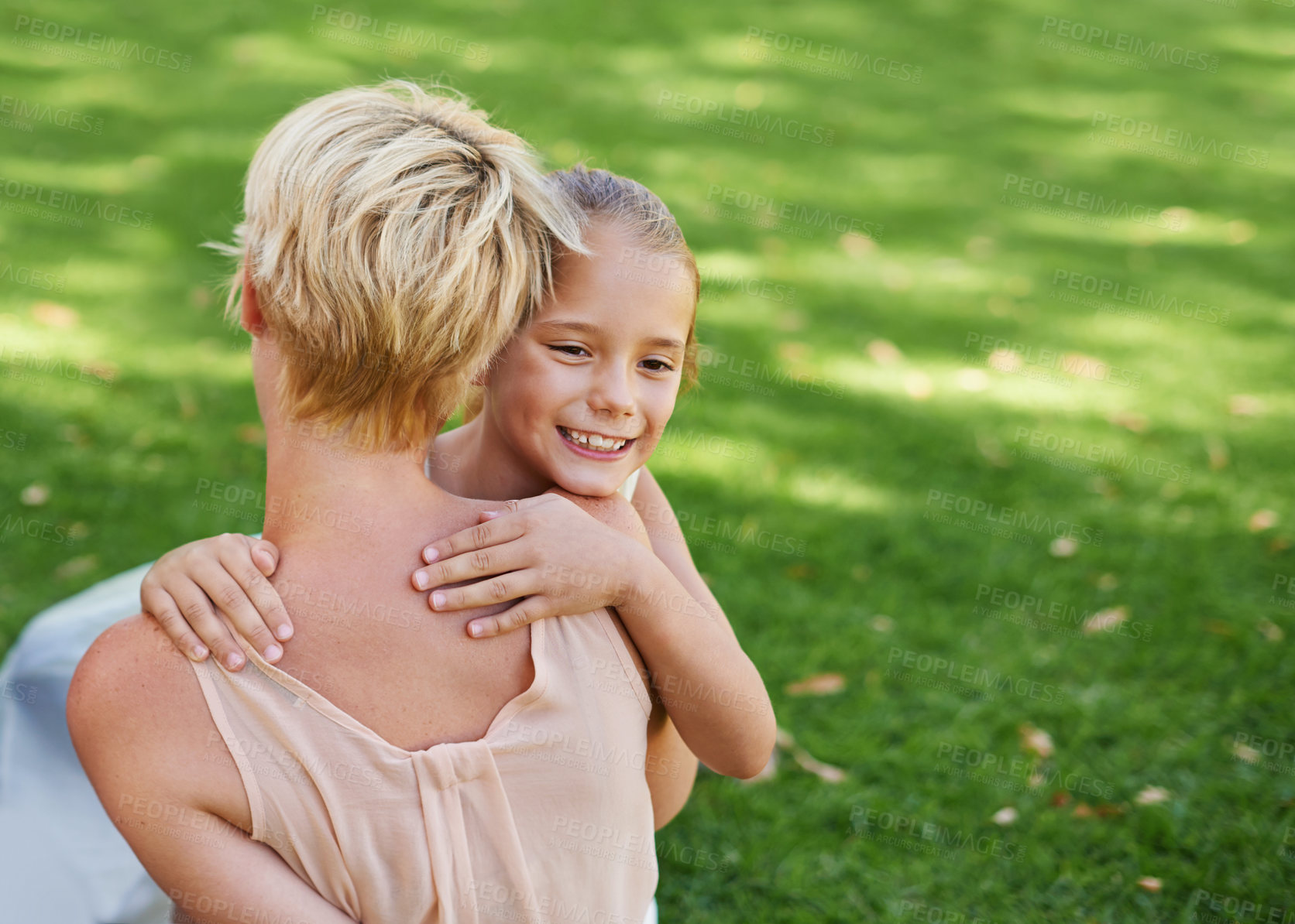 Buy stock photo Mother, child and hug on garden grass for bonding connection in park for relax, parenting or summer. Woman, back and daughter embrace on home backyard for travel recreation or love, calm or happiness