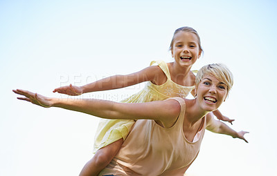 Buy stock photo Mother, child and portrait with flying arms or outdoor game in nature for bonding fun, playing or blue sky. Female person, daughter and airplane hands for vacation connection, traveling or carefree