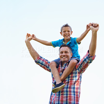 Buy stock photo Child, back and man in outdoors for family, bond and play for fun and childhood for break and relax. Boy, father and portrait with smile and happy for recreation and cute in summer on mockup 
