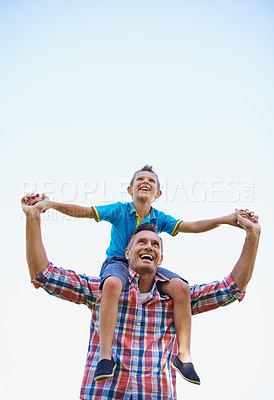 Buy stock photo Father, young boy and shoulders of parents, sky and outdoors in park with smile. Laugh, love or bonding for son and dad with family, spring and carrying his child in summer and spending time together