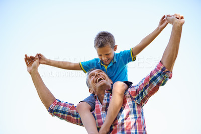 Buy stock photo Smile,  young boy and shoulders of father, sky and outdoors in park with happy. Laugh, love or bonding with son and dad with family, spring or carrying his child in summer and spending time together
