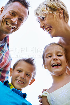 Buy stock photo Portrait, low angle and family with kids, happiness and bonding together with weekend break. Face, parents and mother with father and children with fun and vacation with smile and joyful with summer