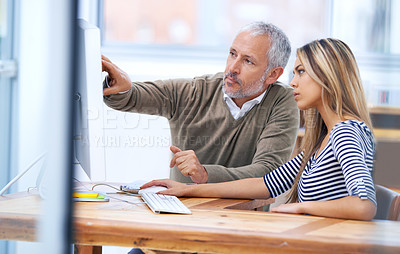 Buy stock photo Business people, monitor and training by computer in office, mentorship and discussion on company proposal. Man, woman and communication of online research for project manager and teamwork by desktop
