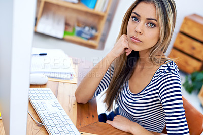 Buy stock photo Business woman, portrait and creative by computer in office and idea for company proposal. Young, journalist or face for online research by keyboard at desktop or technology for editing in workplace