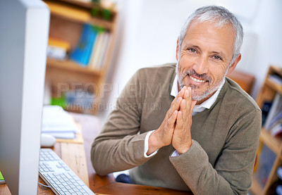 Buy stock photo Senior, businessman and portrait of ceo at desk with happiness, experience and confidence in office. Entrepreneur, face or executive at workspace with smile for corporate career or company management