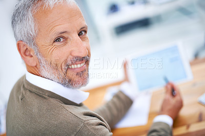 Buy stock photo Businessman, mature and portrait with smile, tablet and desk or workspace. Ceo, management and startup for accounting, administration and corporate with happiness for professional career or job