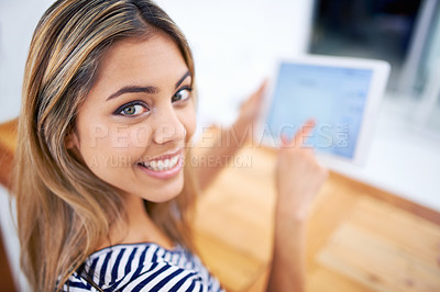 Buy stock photo Smile, portrait and woman with tablet in office for creative research or information on internet. Happy, face and professional female designer working on project with digital technology in workplace.