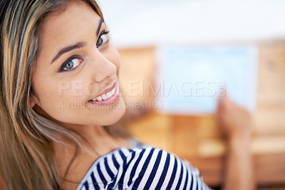Buy stock photo Student woman, tablet and working in portrait with smile, studying and research for college project. Female person, online and connectivity for assignment, academic and technology for results
