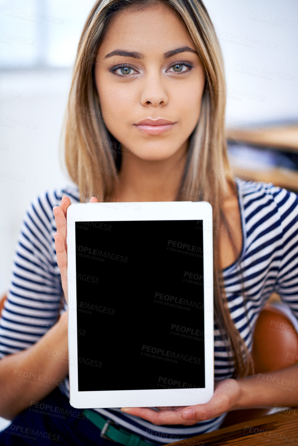 Buy stock photo Portrait, tablet screen and business woman showing mockup space in startup for marketing. Face, display and person with technology for advertising, information or promo of serious creative designer