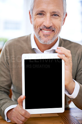 Buy stock photo Portrait, tablet screen and happy man or manager showing mockup space on table in office for marketing business. Face, display and person with technology for advertising or promo of mature consultant