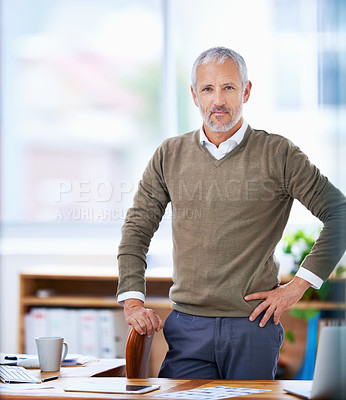 Buy stock photo Senior, businessman and portrait of ceo at desk with confidence, experience and mockup space in office. Entrepreneur, face and boss at workspace with smile for corporate career and company management