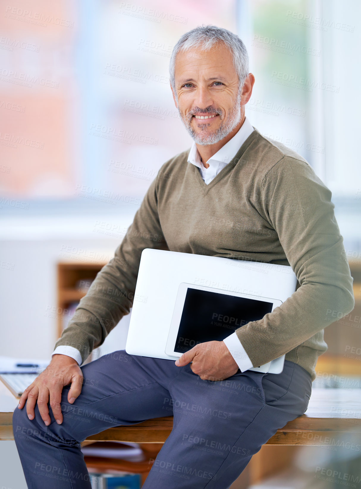 Buy stock photo Senior, businessman and portrait with technology at desk with confidence, experience and smile in office. Entrepreneur, face or ceo at workspace with tablet for corporate career or company management