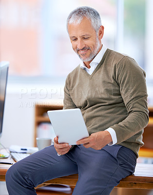 Buy stock photo Tablet, career and senior businessman in office for information research on internet for project. Smile, reading and mature finance planner work on company budget with digital technology in workplace