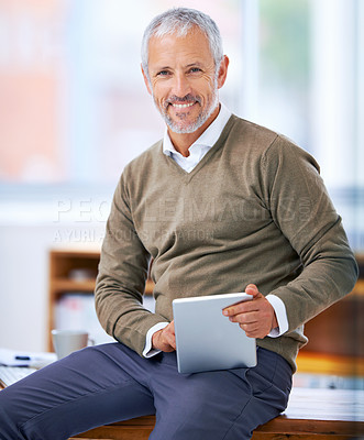 Buy stock photo Portrait, happy and businessman with tablet in office for website research on internet. Smile, reading and mature financial planner work on budget project with digital technology in workplace.