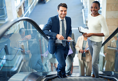 Buy stock photo Teamwork, portrait or business people on escalator for meeting, travel or paperwork in workplace. Diversity, document or happy workers planning for collaboration, report or project together in office
