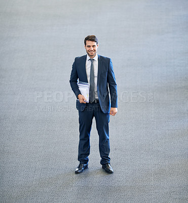 Buy stock photo Businessman, portrait and confident lawyer in office, smile and proud of documents in workplace. Happy male person, agency and career opportunity in firm for startup company, employee and paperwork