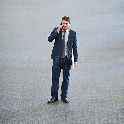 Buy stock photo Mockup, talking or happy businessman on a phone call in office networking or speaking to chat in discussion. Space, planning or male entrepreneur in conversation, mobile communication or deal offer
