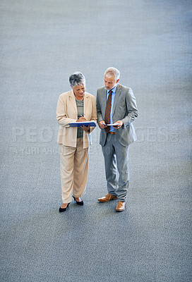 Buy stock photo Business people, paperwork and seniors in discussion, planning and documents in office. Colleagues, workplace and communication in firm for problem solving, solution and management for research